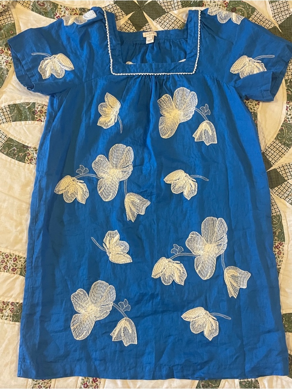 J. Crew Blue Linen Dress with White Floral Embroidery Size Medium - Picture 3 of 8